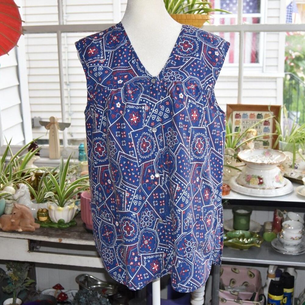 Moon Dance Womens Medium Bandana Print Sleeveless Button Front Boho Top